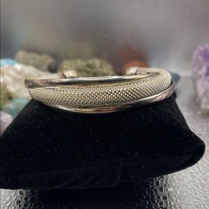 3.4.26-17 Abstract AsymmetricalSilvertone & Silvertone Mesh Capped Cuff Bracelet